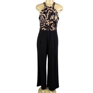 Nightway Womens Black Sequin Embellished Halter Jumpsuit Mesh Overlay Size 8